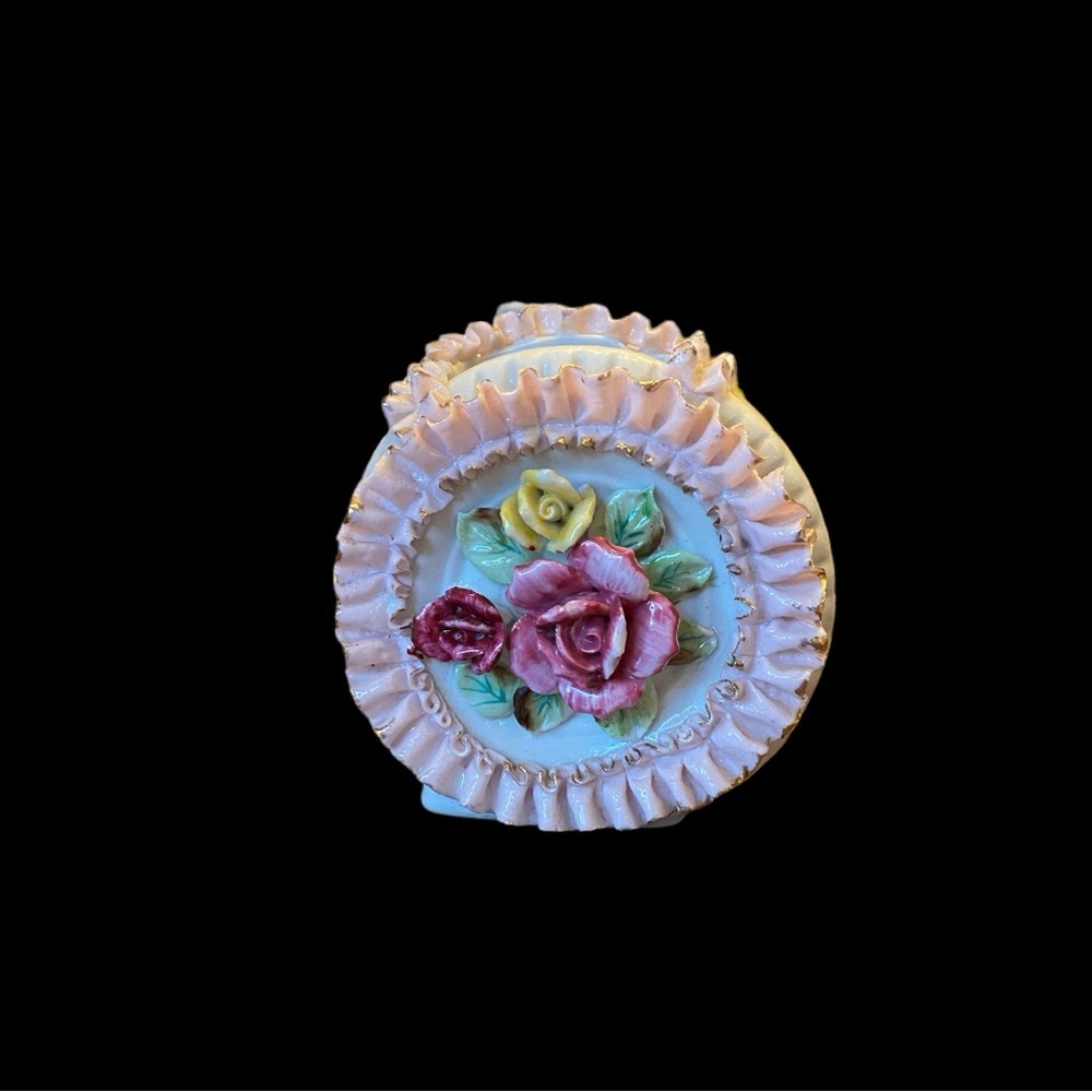 Pretty vintage holder hand painted white w/ pink ruffles gold trim 3 3/4…